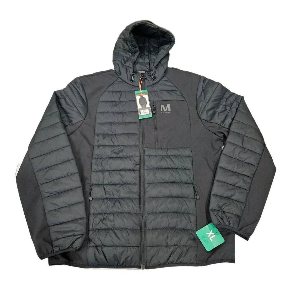 Merrell Men's Hooded Mixed‎ Media Puffer Softshell Jacket, Black, XL